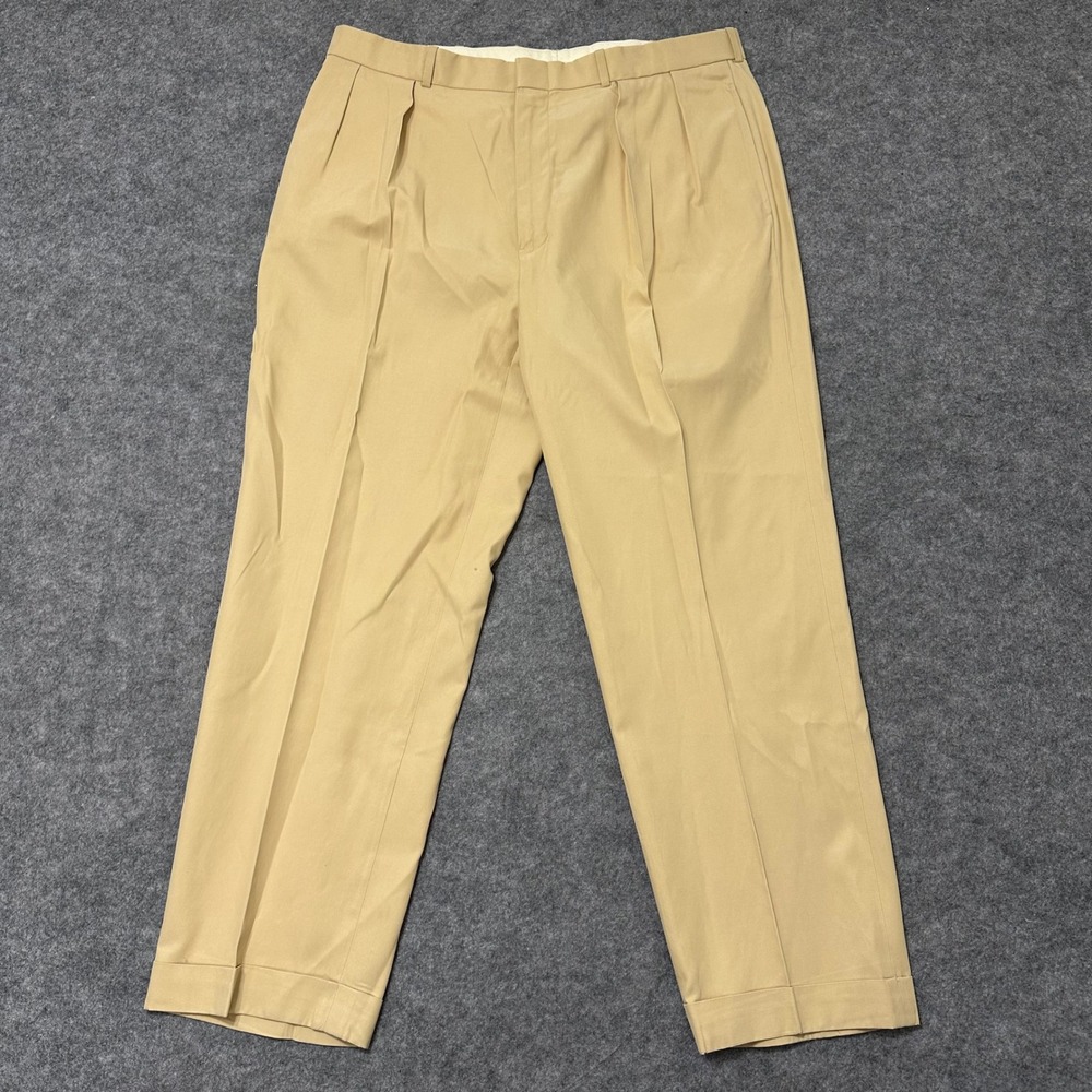Vintage Polo Ralph Lauren Dress Pants Mens 38x30 Tan Silk Pleated Cuff Trousers